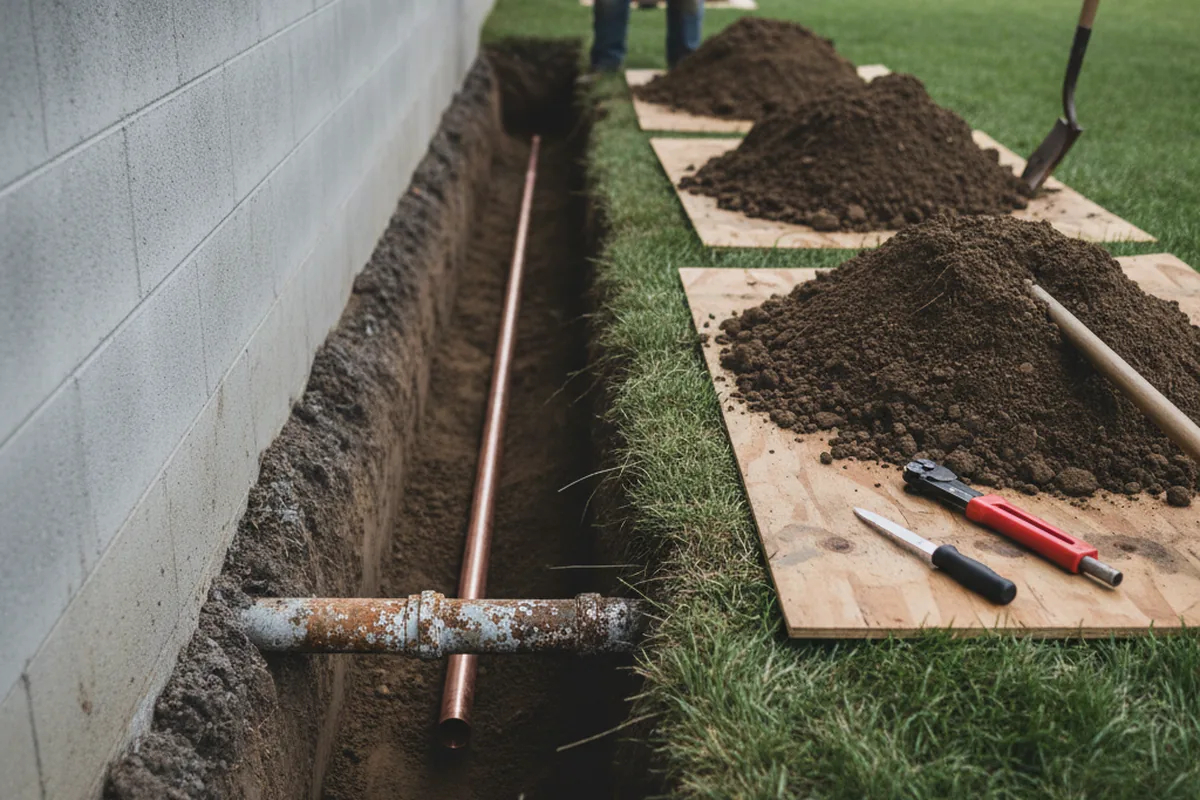 Excavated water line trench during Water Softener Installation in Crowley